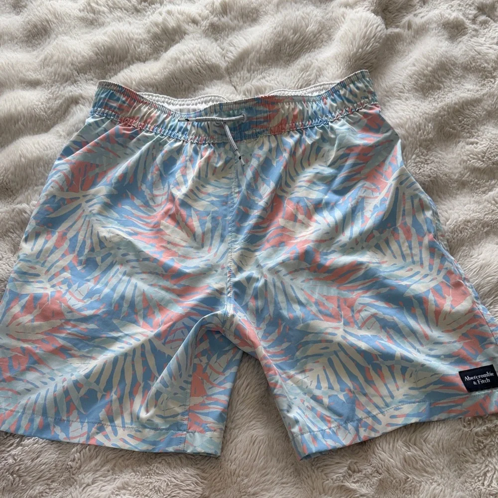Abercrombie & Fitch Kids Palm Print Swim Trunks in Light Blue, Pink, Cream